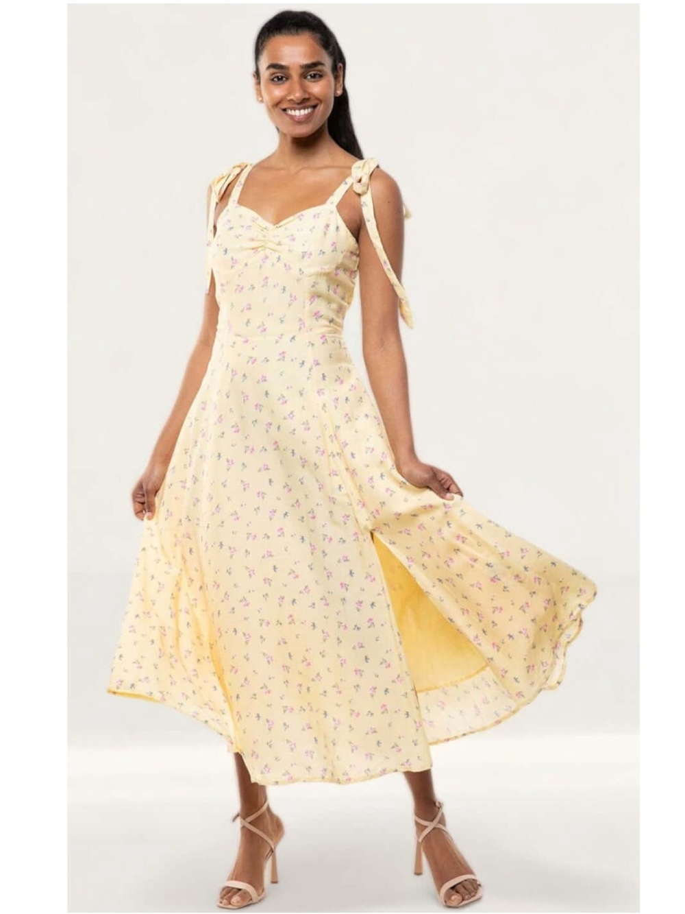 Yellow Floral Tie-Shoulder Midi Dress